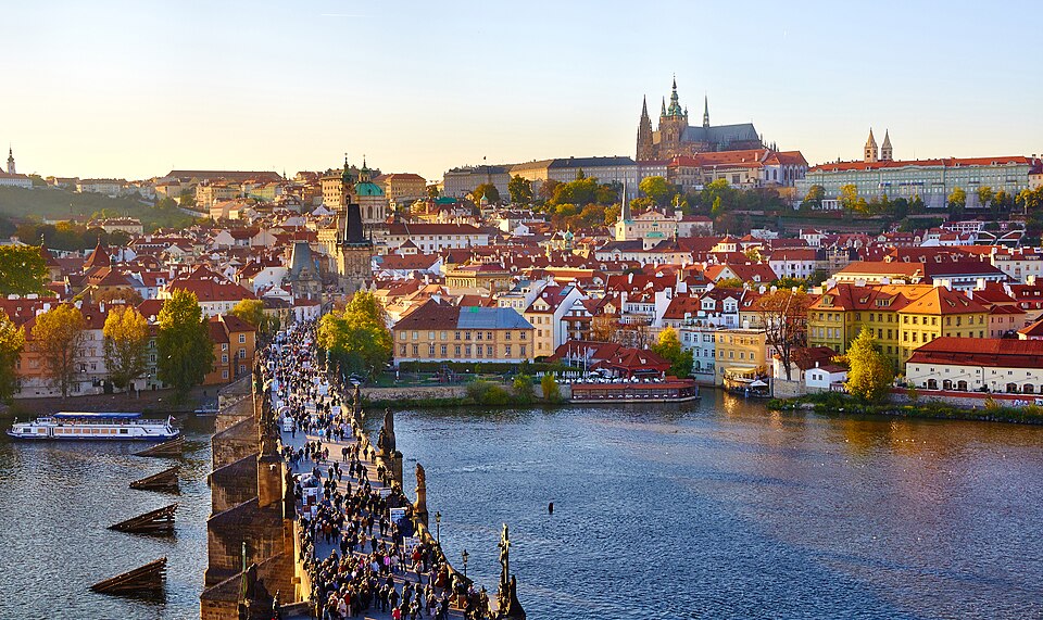 Prague's old town and the Vltava River at dusk
