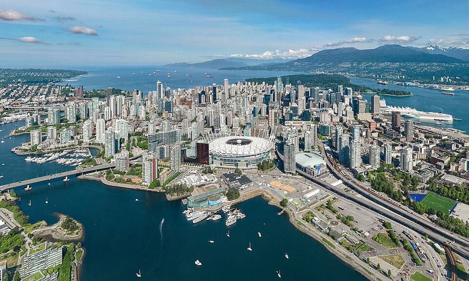 Vancouver's waterfront and mountains on a clear day